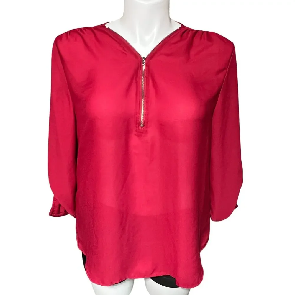 Womens Boutique Blouse Top Zipper Accent V Neck Sheer Roll Tab Sleeves Red